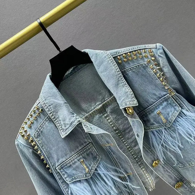Women's Denim Jacket with Feather Decoration Denim Top, Heavy-duty Willow Nail Irregular Short Denim Coat Top