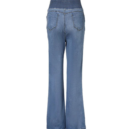Spring Women Causal Jeans Back Shirred Button Front High Waist Jeans Denim Flare Pants