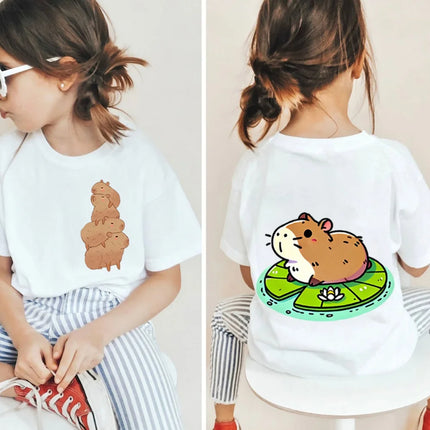 Kawaii Capybara Lovers Kids T-Shirt Short-Sleeved White T-Shirts Cartoon Tees Summer Children Top Crew Neck Children's Clothing