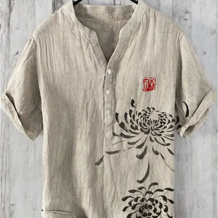 New style simple flower V-neck short-sleeved shirt foreign trade fashion casual loose T-shirt shirt bamboo linen shirt top