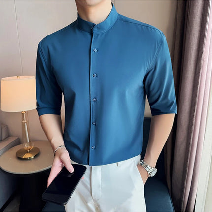 High Quality Chinese Style Stand Up Neck Shirt Men's Summer Mid Sleeved Slim Fit Casual Social Business Blouse Homme 4XL-M