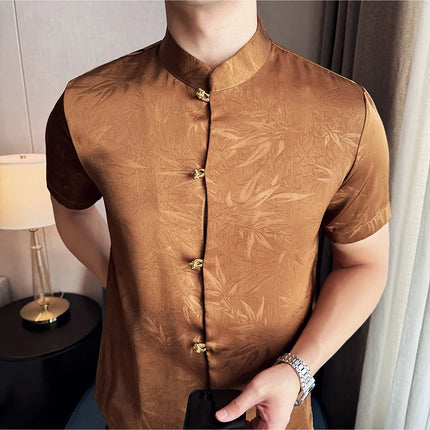 2024 Summer Chinese Style Standing Collar Shirts For Men Fashion Print Short Sleeve Slim Fit Casual Social Party Tuxedo 4XL-M
