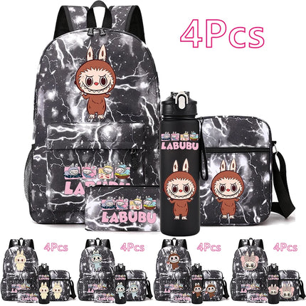 4Pcs/set Cute Printed Backpack Teenger Student Boy Girl Bookbag Schoolbag Travel Bag Outdoor 750Ml Water Bottle Kid Gift Mochila