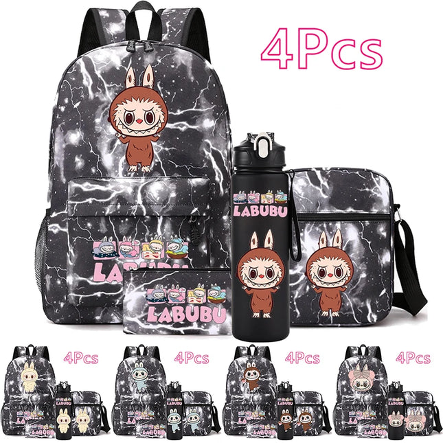 4Pcs/set Cute Printed Backpack Teenger Student Boy Girl Bookbag Schoolbag Travel Bag Outdoor 750Ml Water Bottle Kid Gift Mochila