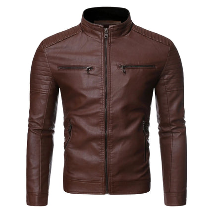 Spring and Autumn men's standing collar multi pocket leather jacket PU leather work clothes outdoor motorcycle riding clothes