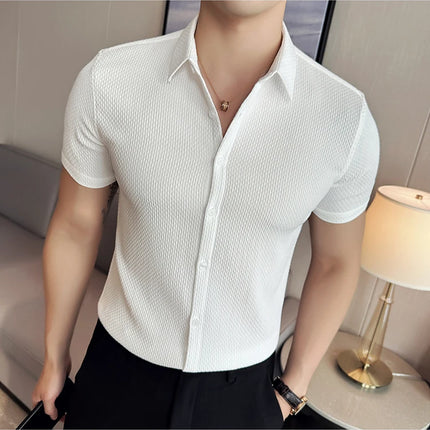 2024 Summer Waffle Shirt Luxury Men's Slim Fit Casual Short Sleeved Business Versatile Dress Shirt Men Clothing Plus Size 4XL-M