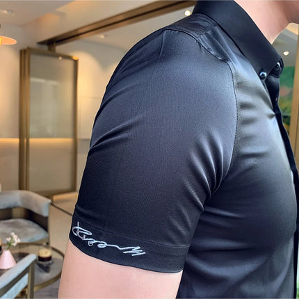 Neckline Embroidery Shirts Men Summer Short Sleeve Slim Fit Casual Shirt Men Solid Color Business Party Dress Shirt Streetwear