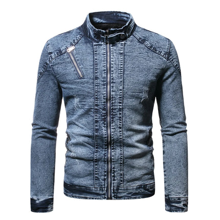 Blue Standing Collar Denim Jacket Men's, Fashion Casual Jacket, Black Gray Overcoat Male Outerwear M L XL XXL XXXL