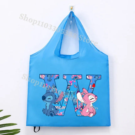 Disney Stitch Foldable Shopping Bag for Women Men High-capacity Reusable Handbags Cartoon Letter A-Z Printing Portable Tote-bags