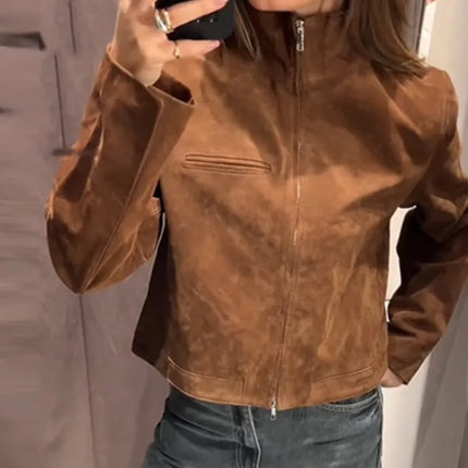Suede Leather Short Jacket Coat Zipper Stand Collar Vintage Casual Motorcycle Jackets Baggy Front Shoulder Women Outwear Top New