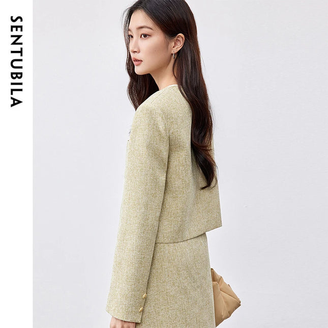 SENTUBILA Spring Women's Jackets 2025 Straight Cropped Office Lady Crewneck Long Sleeve Single Breasted Formal Coat 151W58771