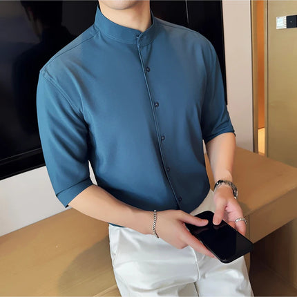 High Quality Chinese Style Stand Up Neck Shirt Men's Summer Mid Sleeved Slim Fit Casual Social Business Blouse Homme 4XL-M