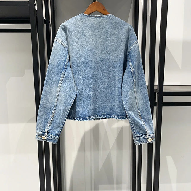 Washed Denim Three-piece Set Vacation Round Neck Three-pocket Edged Jacket Trousers 2025 Spring and Summer New Style Y2k