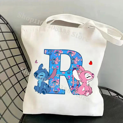 Disney Stitch Fashion Canvas Tote Bag for Women Anime Letter A-Z Printed Shoulder Bag Students Commute Portable Handbags Gifts