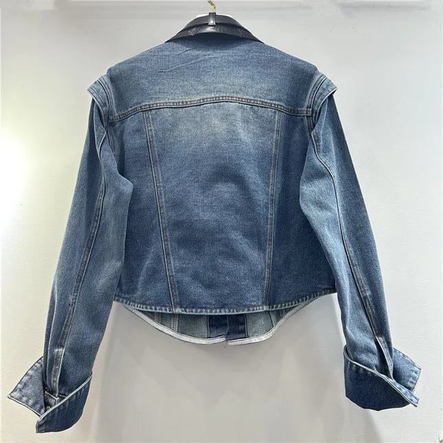 WTHT Vintage Women Heavy Indesty Spliced Leather Diamond Denim Jacket Fashion Lapel Long Sleeves Coat Female 2025 Summer 1LS1647