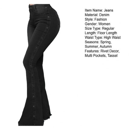 Women Wide Leg Flare Denim Trousers Sexy Jeans Trousers Washed Flare Jeans Breathable Stretchy Rivet Decor Denim Flare Jeans