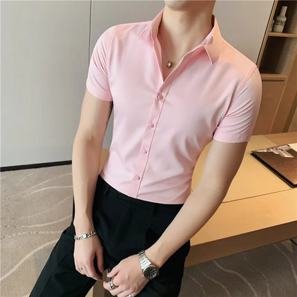 New Summer Men's Short Sleeve Shirt Fashion Business Slim Solid Color Shirt Formal Social Party Casual Dress Men's Clothing 7XL