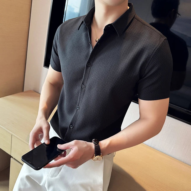 2024 Summer Waffle Shirt Luxury Men's Slim Fit Casual Short Sleeved Business Versatile Dress Shirt Men Clothing Plus Size 4XL-M
