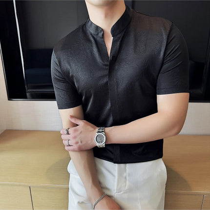 New Chinese Style Stand-up Collar Seamless Polo Shirts Summer Fashion Jacquard Short Sleeve Slim Elasticity Breathable T-shirt