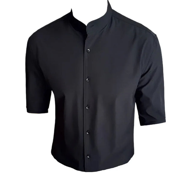 High Quality Chinese Style Stand Up Neck Shirt Men's Summer Mid Sleeved Slim Fit Casual Social Business Blouse Homme 4XL-M