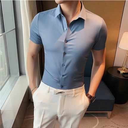2025 Summer Ice Silk Seamless Shirt High Quality Silky Smooth Short Sleeve Slim Casual Business Tuxedo Shirts Mens Clothing 4XL