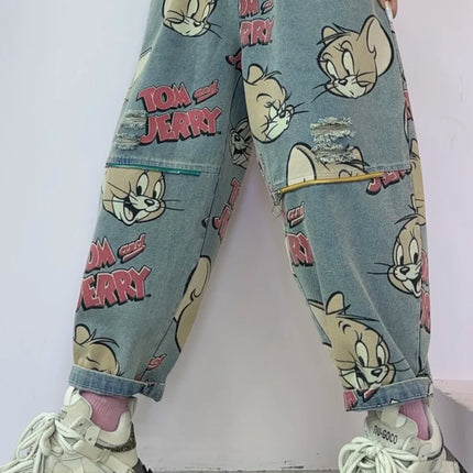 Korean Fashion Cartoon Printed Denim Jacket, Loose Fit Plus Size Short Cardigan Trend, Women's 2025 Autumn New Style