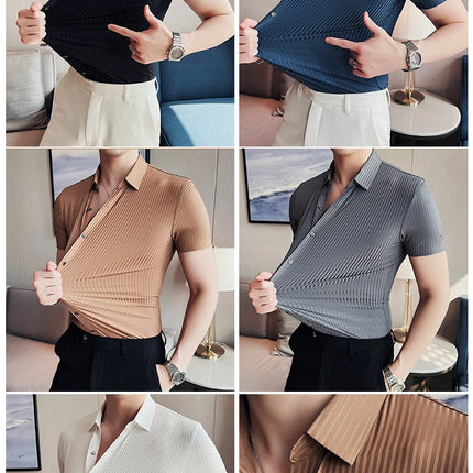2024 Summer High Elasticity Seamless Short Sleeve Shirts Fashion Stripes Men Business Formal Wear Slim Fit Casual Dress Shirt