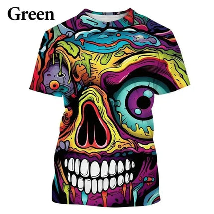 Colorful Street Graffiti Hip Hop Cool Skull 3D Printed Crew Neck T-shirt Personalized Men's Fashion Casual T-shirt Short Sleeve