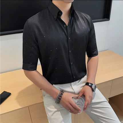 Summer New Powder Shiny Shirts Fashion Men's V-neck Half Sleeve Slim Fit Casual Shirts Social Personality  Top Club Outfits