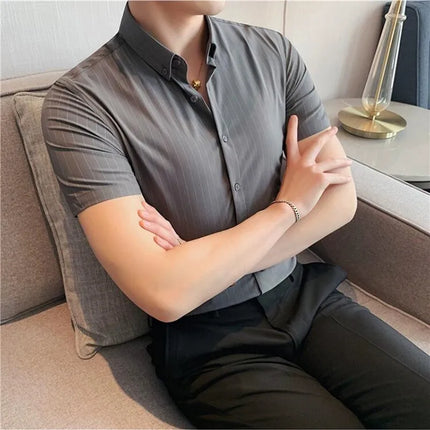 High Quality Pinstripe Casual Shirts  For Men 2024 Summer Slim Fit Business Social Elastic Social Party Shirt Plus Size 4XL-M