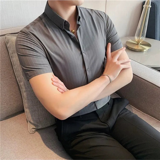 High Quality Pinstripe Casual Shirts  For Men 2024 Summer Slim Fit Business Social Elastic Social Party Shirt Plus Size 4XL-M