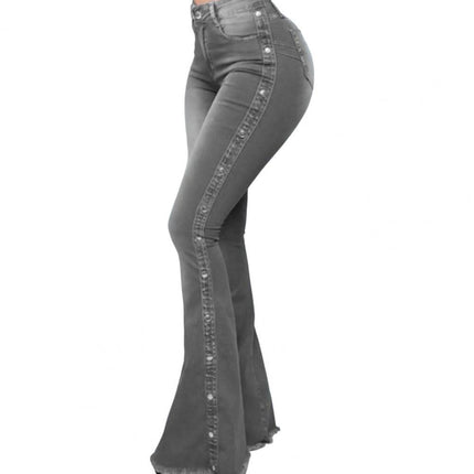Women Wide Leg Flare Denim Trousers Sexy Jeans Trousers Washed Flare Jeans Breathable Stretchy Rivet Decor Denim Flare Jeans