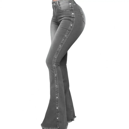 Women Wide Leg Flare Denim Trousers Sexy Jeans Trousers Washed Flare Jeans Breathable Stretchy Rivet Decor Denim Flare Jeans