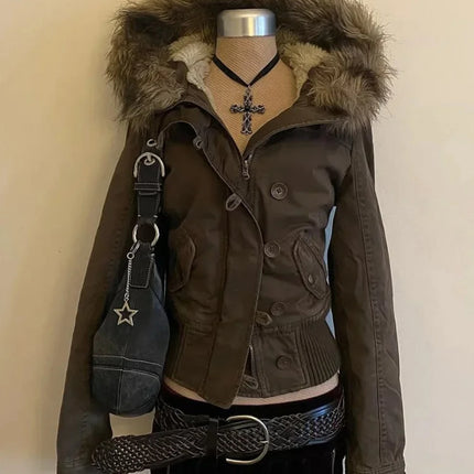 Essential brown fur collar hooded short jacket in Europe and America in autumn and winter Y2K fashionable versatile super warm