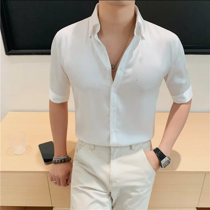 Summer New Powder Shiny Shirts Fashion Men's V-neck Half Sleeve Slim Fit Casual Shirts Social Personality  Top Club Outfits