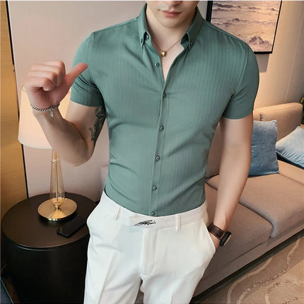 Plus Size 4XL-M Summer Mens Dark Striped Shirts Short Sleeve Fashion 2022 Korean Slim Fit Casual Business Formal Wear Blouse
