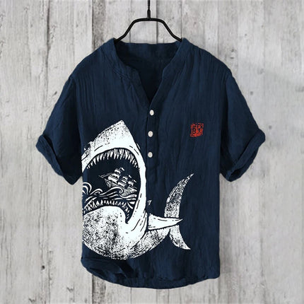 Cross-border foreign trade men's summer 3D printed octopus print shirt casual loose linen short-sleeved shirt T-shirt