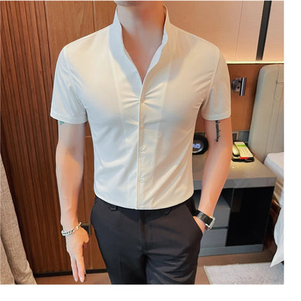 Men's Summer Fashion Stand Collar Business Casual Short Sleeve Shirt Luxury Slim Fit Solid Dress Shirt Brand Men Clothes 5XL-M