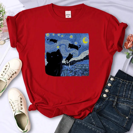 The Starry Cat Night Women T Shirts Fashion Breathable Cool Short Sleeve Street Hip Hop Tops Casual All-math Female Tee Clothing