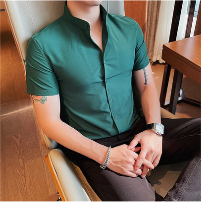 Men's Summer Fashion Stand Collar Business Casual Short Sleeve Shirt Luxury Slim Fit Solid Dress Shirt Brand Men Clothes 5XL-M