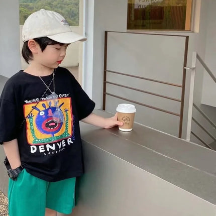 Summer Handsome Cool Kids Boy Casual Cartoon Bear Print Trendy Children's Pure Cotton T-shirt Short Sleeve Toddler Tees Han Fan