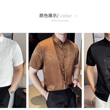 2024 Summer Chinese Style Standing Collar Shirts For Men Fashion Print Short Sleeve Slim Fit Casual Social Party Tuxedo 4XL-M