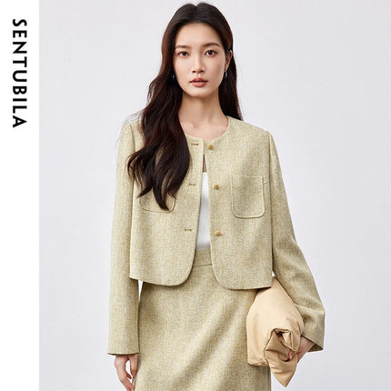 SENTUBILA Spring Women's Jackets 2025 Straight Cropped Office Lady Crewneck Long Sleeve Single Breasted Formal Coat 151W58771