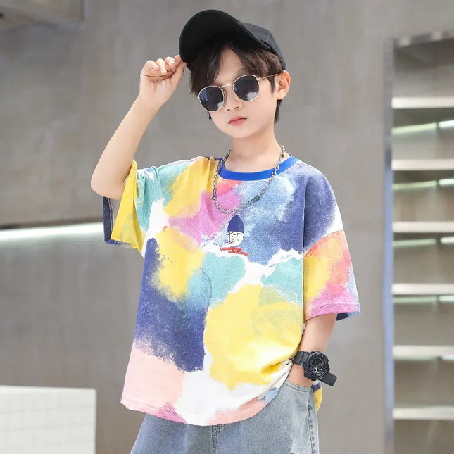 Summer Tie-Dye Cool Kids Boy Casual Tops Print Trendy Children's T-shirt Short Sleeve Teenager Tees Cotton Tshirt 4-14 Years Old