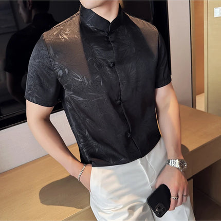 2024 Summer Chinese Style Standing Collar Shirts For Men Fashion Print Short Sleeve Slim Fit Casual Social Party Tuxedo 4XL-M