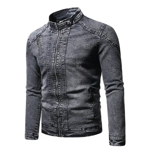 Blue Standing Collar Denim Jacket Men's, Fashion Casual Jacket, Black Gray Overcoat Male Outerwear M L XL XXL XXXL