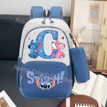 Disney Stitch Large Capacity Backpack with Pencil Bag Cartoon Letter A-Z Printed Fashion Schoolbag Book Stationery Storage Bags