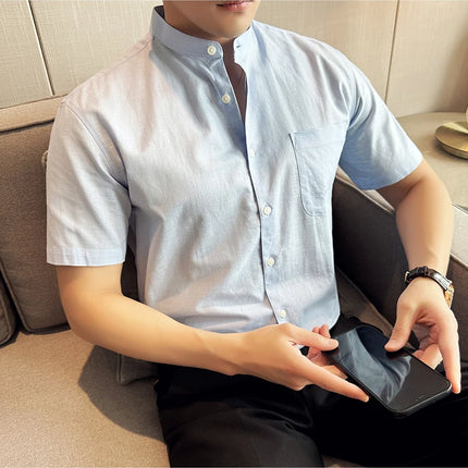 Summer New Chinese Style Linen Cotton Shirts Men's Standing Collar Short Sleeved Thin Breathable Shirt Tops Streetwear 4XL-M