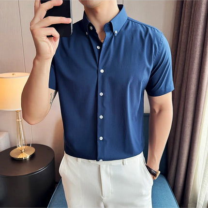 Plus Size 4XL-M High Quality Bamboo Fiber Fabric Dark Stripes Shirts Men Summer Slim Fit Casual Thin Breathable Social Shirt