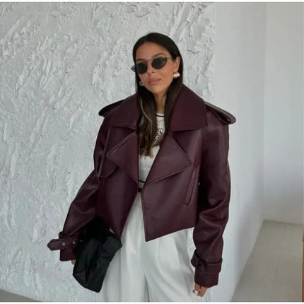 Women Red Wine Leather Short Jackets With Belt Vintage Turndown Collar Long Sleeve Coats 2024 Female Chic Streetwear Cardigan